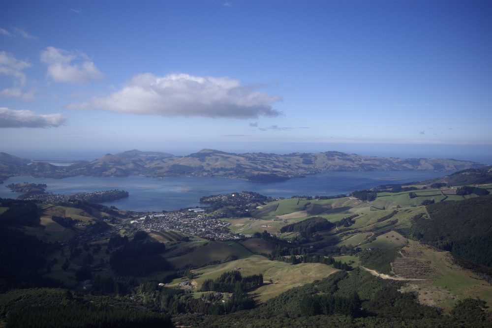 View across Otago Harbour towards the Otago Peninsula from the hills above Port Chalmers